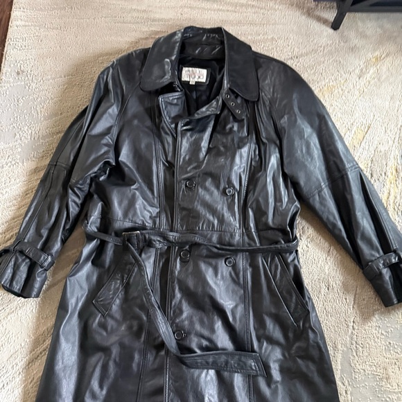 Vintage Pelle Black genuine Leather long trench Coat jacket tie belt large - Picture 12 of 15